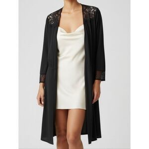 Calvin Klein Sleepwear Black Satin Open Robe with Lace and Diamond Mesh Trim